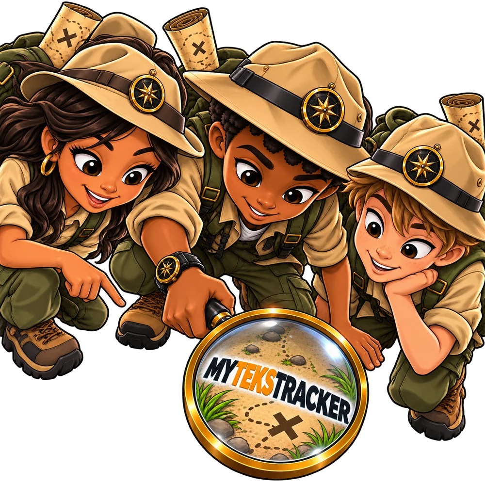 Three young explorers gathered around the MyTEKSTracker emblem — a gold magnifying glass framing a treasure map marked with an X.